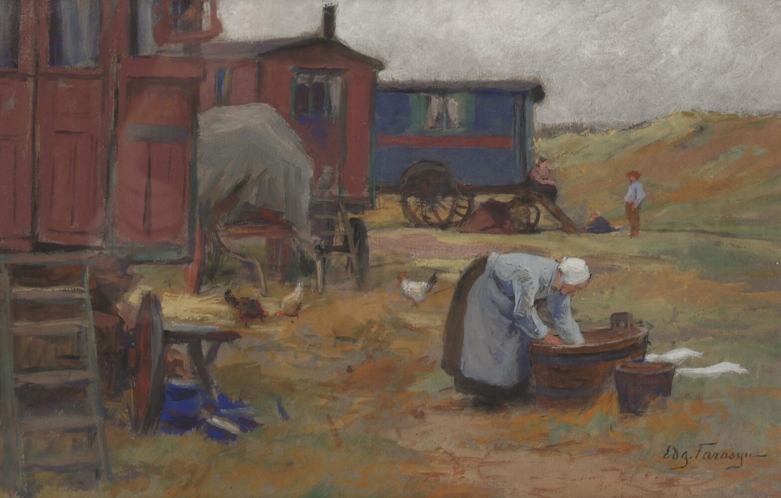 Edgar Farasyn (België, 1858-1938) | 'Wassende vrouw bij woonwagens in de duinen bij Katwijk (ZH)'